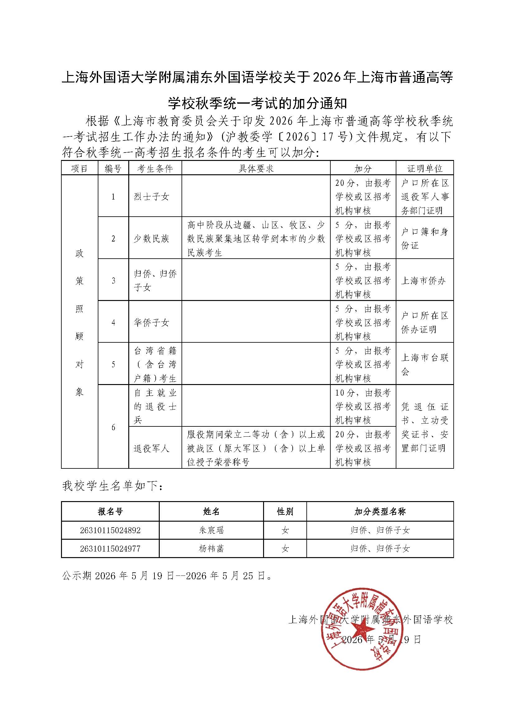 关于做好2026年上海市普通高等学校秋季统一考试招生加分报送的通知-公示.jpg